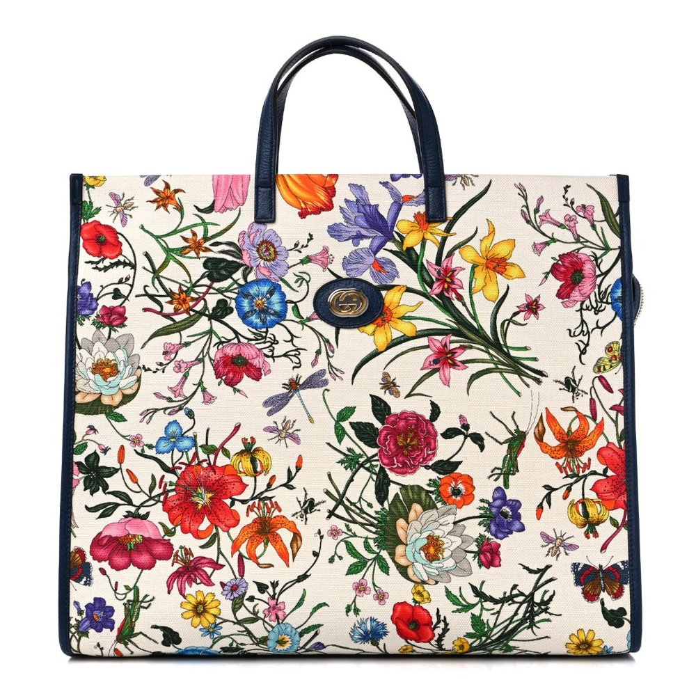 Gucci Floral Canvas Tote Bag with Navy Accents